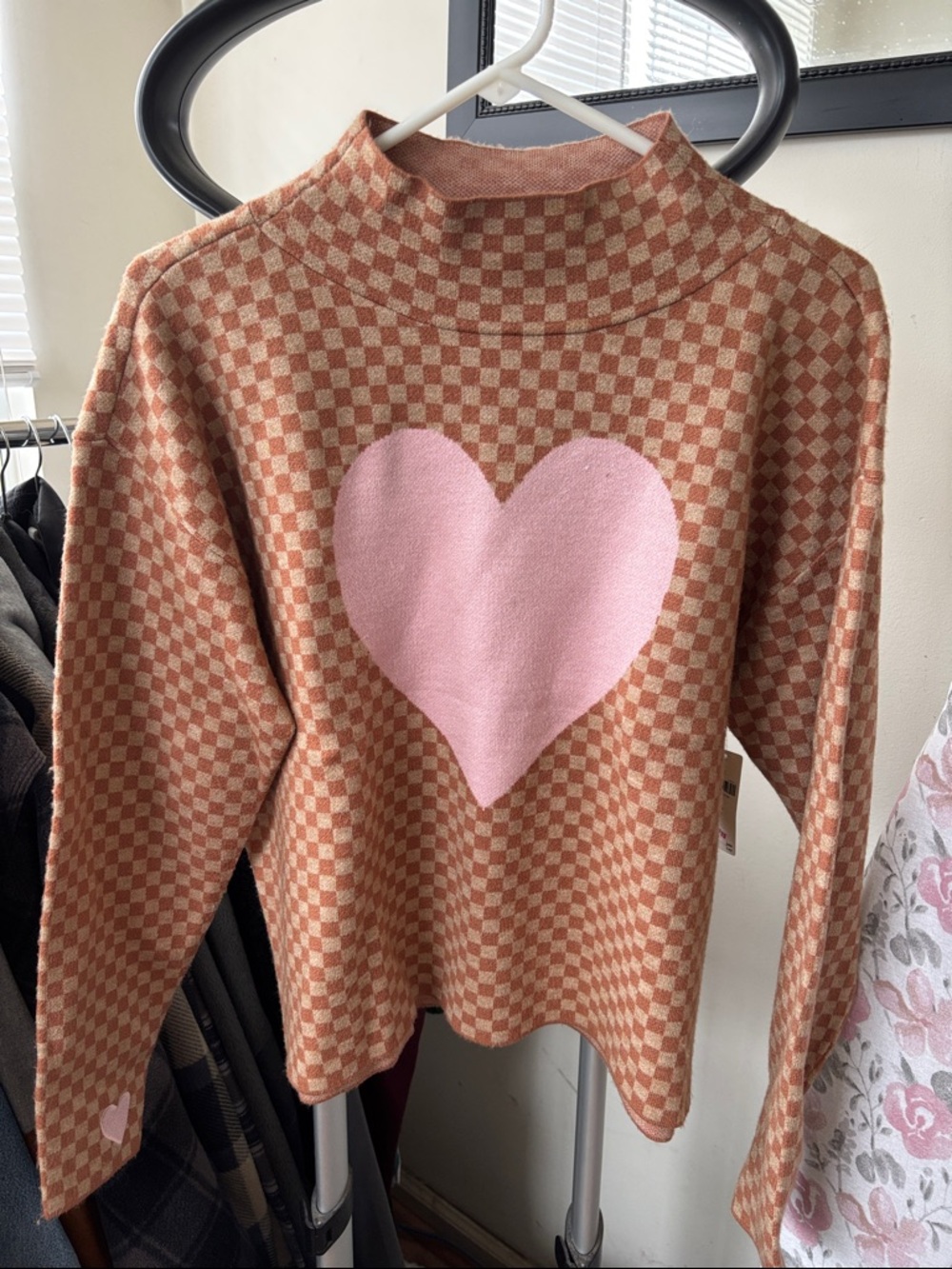 Checker Knit Sweater with Pink Heart by Maeve Anthropologie NWT